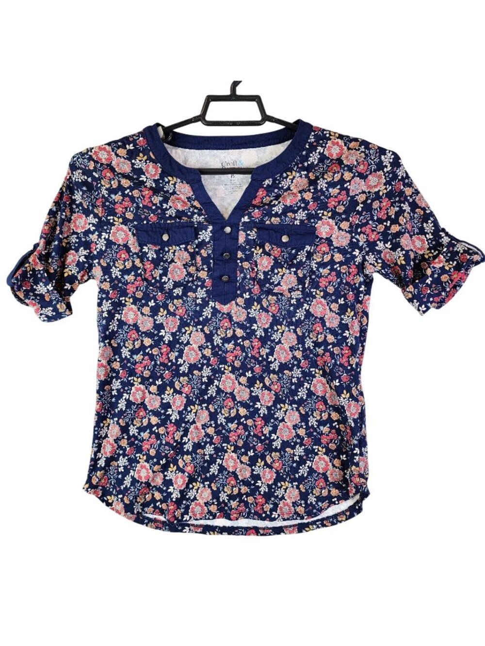 Womens Croft & Barrow Petite Blue Pink Floral V Neck Shirt Short Sleeve Size PS
